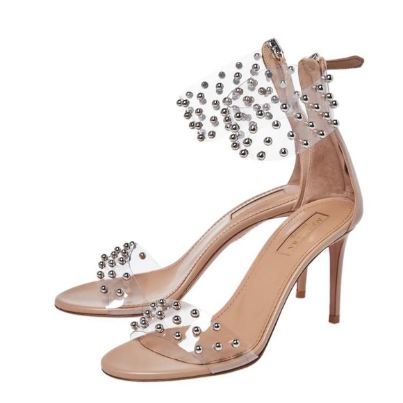AQUAZZURA Beige Leather And Studded PVC Illusion Ankle Cuff Sandals Size 41 - Picture 3 of 8